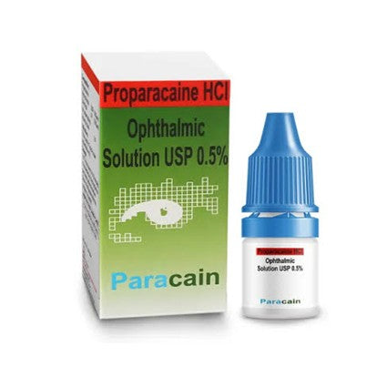 Paracain ophthalmic solution 0.5% shown with its retail box and the dropper bottle.